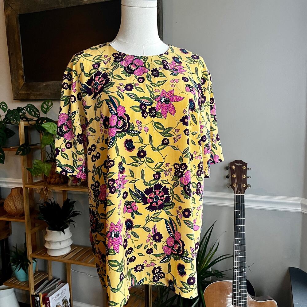 Vintage 80s Floral Blouse Yellow & Pink Bright Bold Size Large
